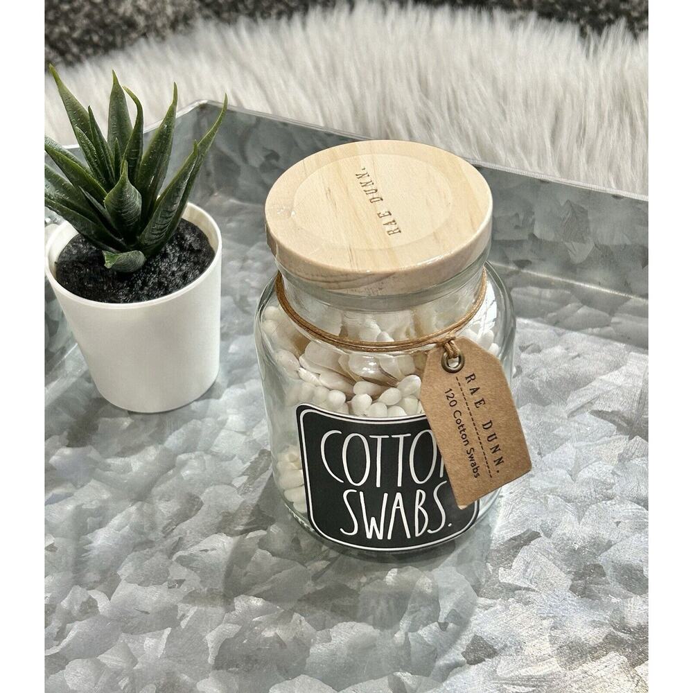 RAE DUNN Cotton Swabs Glass Jar w/ Wood Lid 120‎ Cotton Swabs Q-Tips Jar NEW